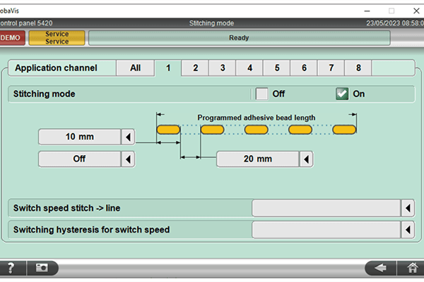 Interfaccia utente Robatech per la modalità hotmelt-stitching 