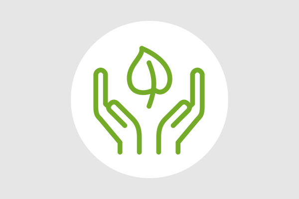 Icon mit zwei Händen, die eine nach oben offene Schale bilden, in der Mitte ein grünes Blatt, um Nachhaltigkeit zu symbolisieren