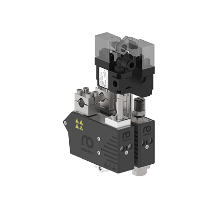 An Aero application head from Robatech with three spray elements and detached air heater