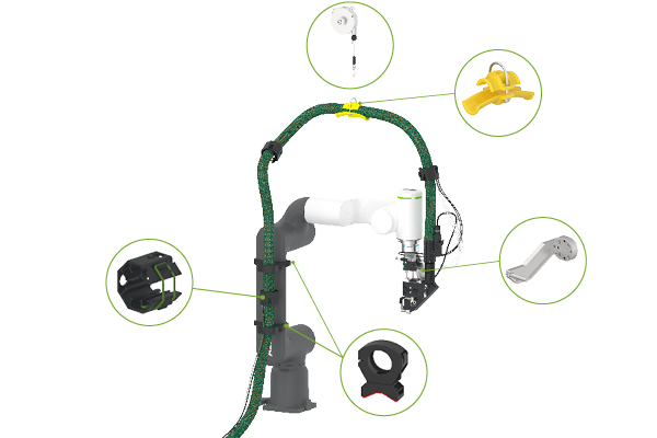 Robatech 製の加熱ホースおよび塗布ヘッドを備えた ABB Cobot。ホルダーとその位置の強調表示。 Robatech 製の加熱ホースおよび塗布ヘッドを備えた ABB Cobot。ホルダーとその位置の強調表示。