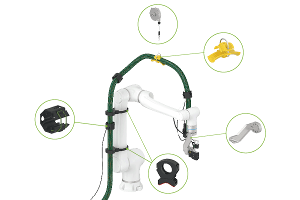 Cobot LARA mit Heizschlauch und Auftragskopf von Robatech. Hervorhebung der Halterungen und deren Position. 