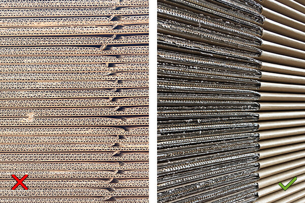 Obrazek po lewej pokazuje złożone kartony z tektury falistej z problemem luk i „rybiego ogona”. Po prawej bez problemu. Zostały one rowkowane za pomocą płynnej bigówki PerfectFold.