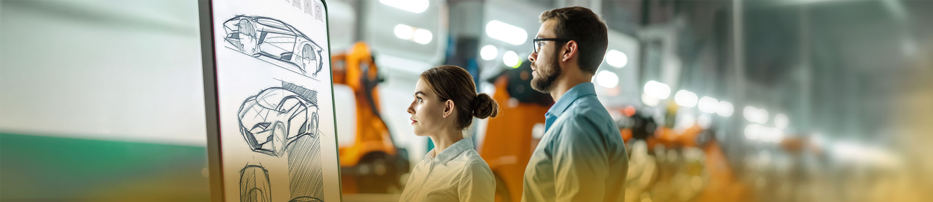 Future vision of the automotive industry: A woman and a man are looking at a screen showing sketches of futuristic cars.