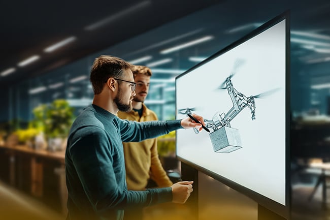 Representación del futuro de la industria del embalaje: dos jóvenes trabajan en una pantalla en la que se ve un dron con un paquete.