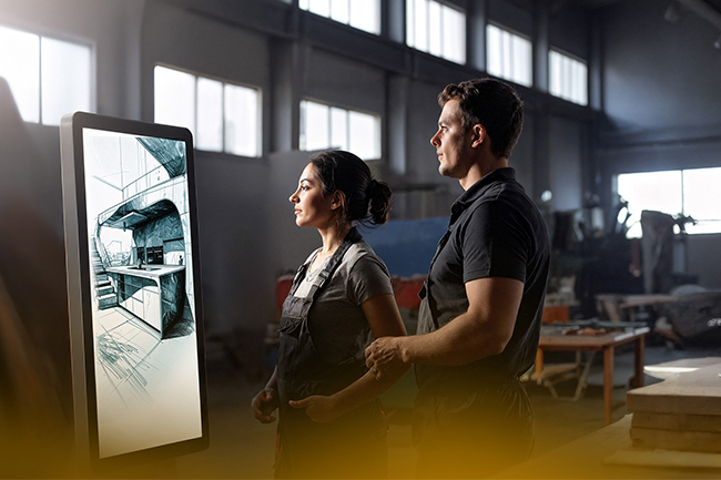 Future vision of the wood industry: A woman and a man are looking at a screen showing a modern kitchen.