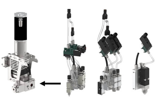 Tête de distribution de colle Primo : Différentes combinaisons d’éléments de pulvérisation et d’injection