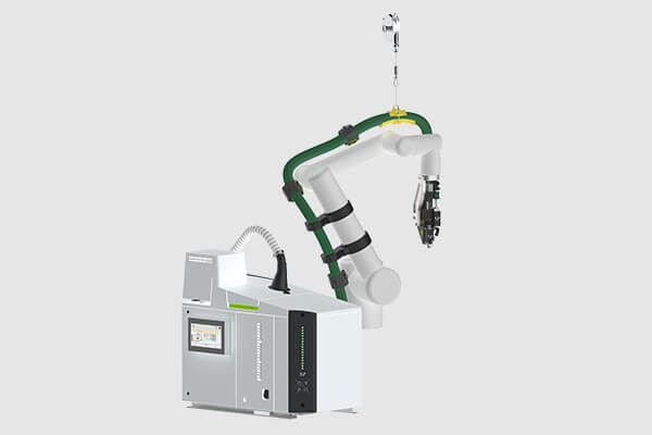 Sistema de aplicación de adhesivos Robatech con fundidor Vision y cabezal de aplicación Delta, conectado al robot mediante un kit de integración. 