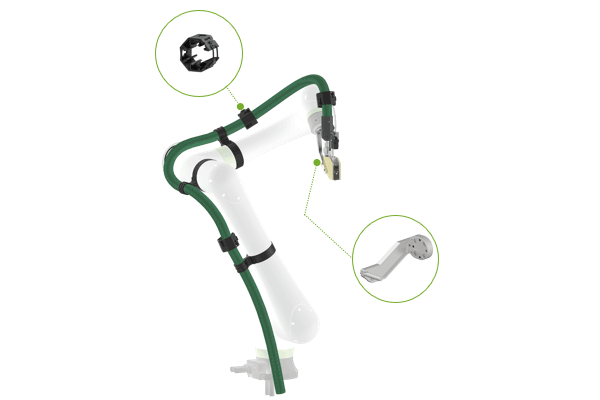 Cobot, heated hose, application head, and corresponding holders and brackets of the Integration Kit for Fanuc cobots