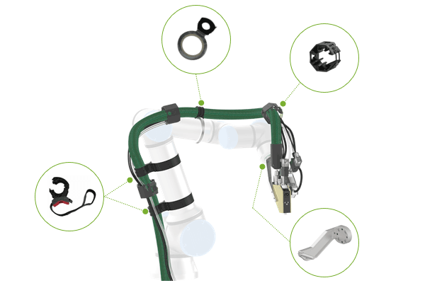 Cobot, heated hose, application head, and corresponding holders and brackets of the UR+ Integration Kit