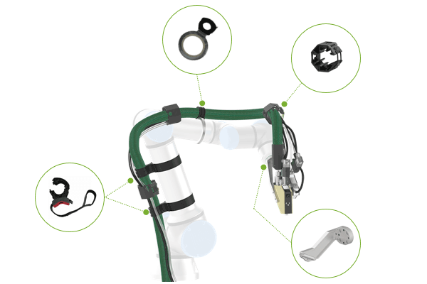 Cobot, manguera calefactora, cabezal de aplicación y soportes correspondientes del kit de integración UR+